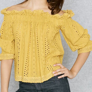 NWT Endless Rose Eyelet Ruffle Off The Shoulder Top Long Sleeve Mustard Medium